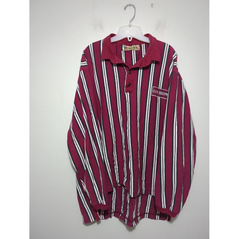 Vintage B.U.M. Equipment Mens Striped Long Sleeve Polo Shirt Burgundy Green XL